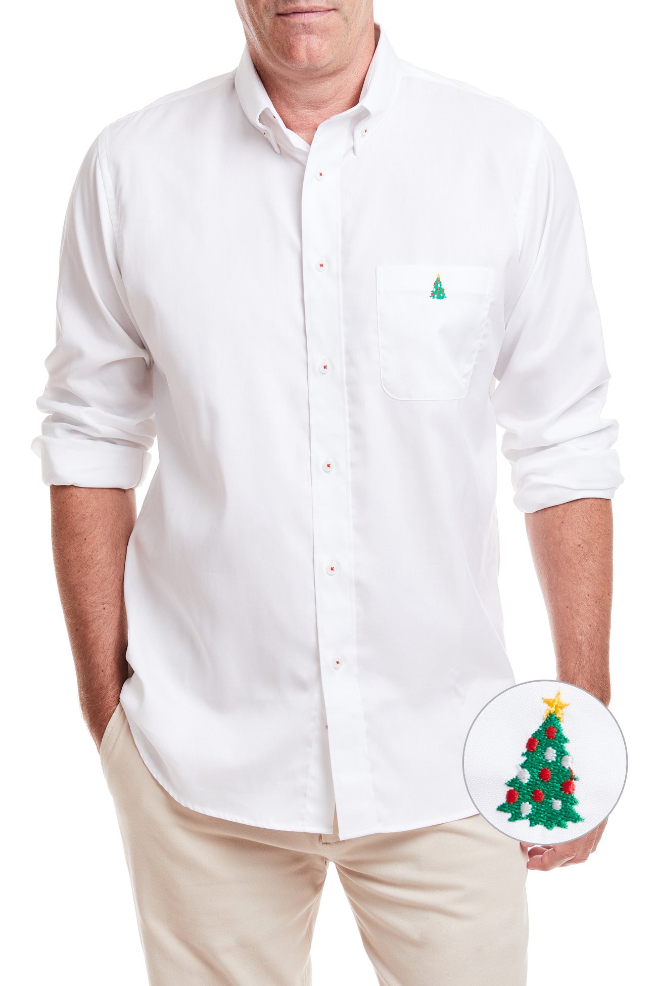 Castaway Mens Holiday Chase Shirt White Oxford with Single Christmas Tree Castaway Nantucket Island Castaway Mens Holiday Chase Shirt White Oxford with Single Christmas Tree Castaway Nantucket Island