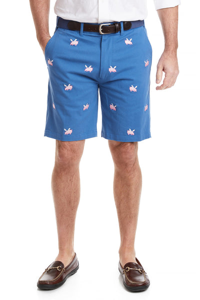 Cisco Short Stretch Twill Deep Ocean Blue with Flying Pig MENS EMBROIDERED SHORTS Castaway Nantucket Island