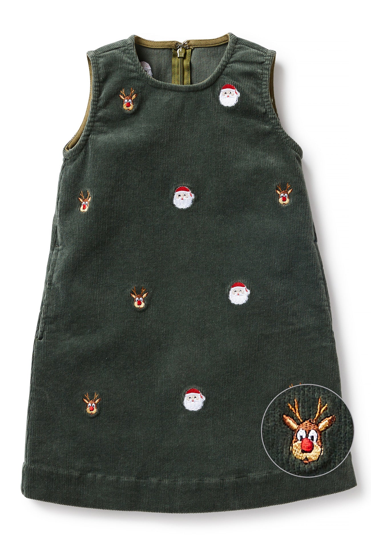 Castaway Holiday Embroidered Girls Shift Dress Corduroy Olive with Christmas Night Castaway Holiday Embroidered Girls Shift Dress Corduroy Olive with Christmas Night