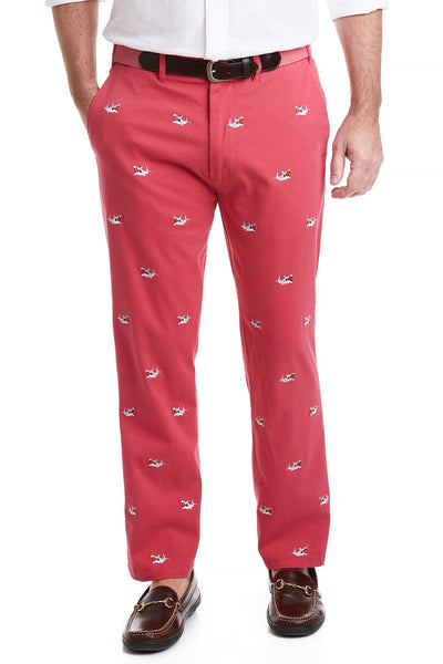 Harbor Pant Stretch Twill Hurricane Red with Great White Shark MENS EMBROIDERED PANTS Castaway Nantucket Island