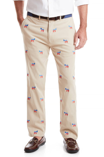 Harbor Pant Stretch Twill Khaki with Democratic Donkey MENS EMBROIDERED PANTS Castaway Nantucket Island