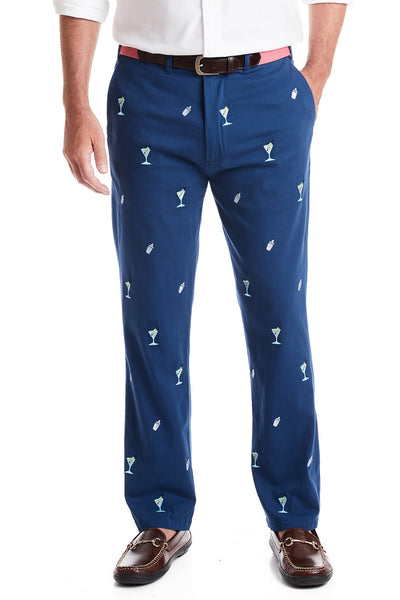 Harbor Pant Stretch Twill Nantucket Navy with Martini & Shaker MENS EMBROIDERED PANTS Castaway Nantucket Island