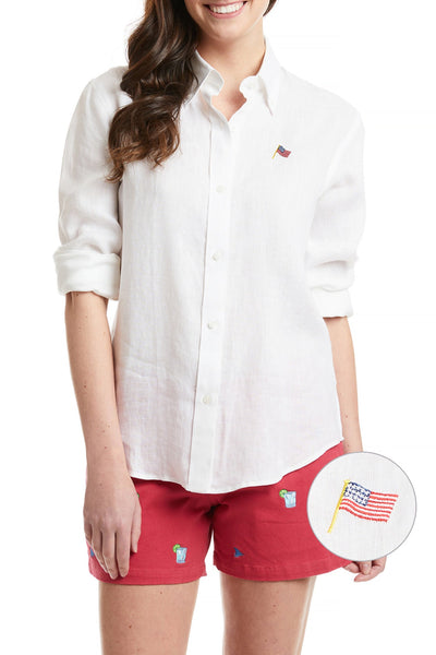Ladies Button Down Shirt White Linen with USA Flag LADIES SHIRTS Castaway Nantucket Island