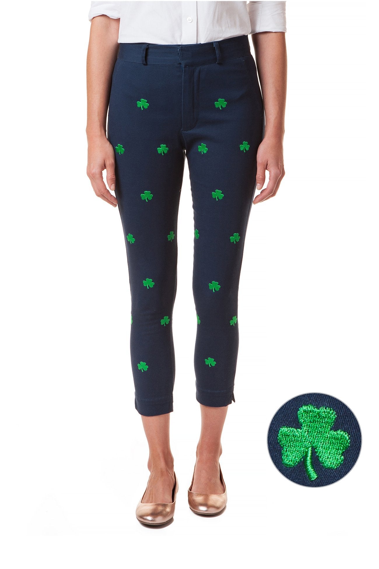 Ladies Ankle Capri Atlantic Navy Embroidered with Green Shamrocks –  Castaway Nantucket Island