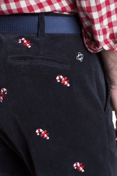Beachcomber Corduroy Pant Nantucket Navy with Candy Canes - MENS EMBROIDERED PANTS - Castaway Nantucket Island