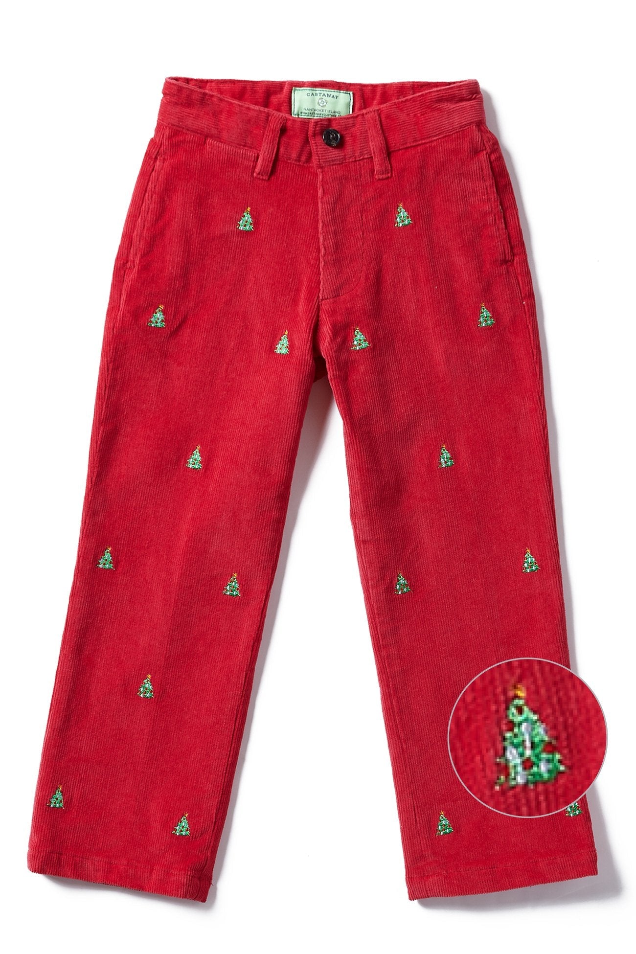 Boys Christmas Holiday Embroidered Corduroy Pant Red with Christmas Tree –  Castaway Nantucket Island