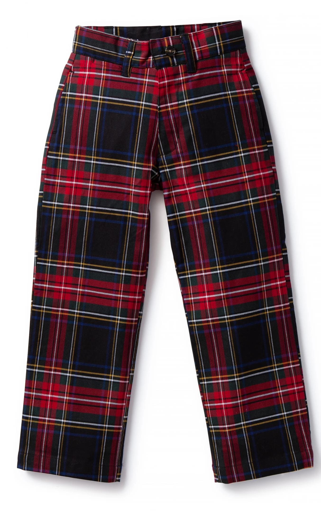 Boys Stretch Twill Christmas Pant Black Stewart Tartan Plaid