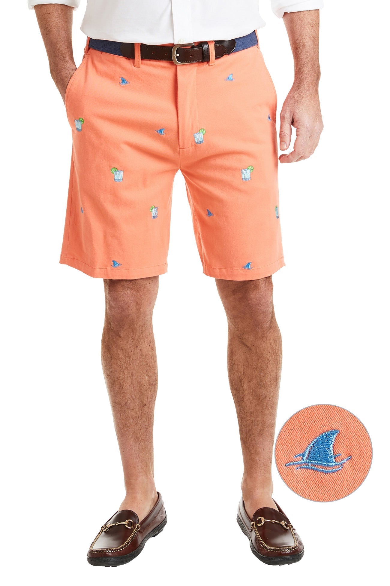 Cisco Short Stretch Twill Coral with Fin & Tonic MENS EMBROIDERED SHORTS Castaway Nantucket Island