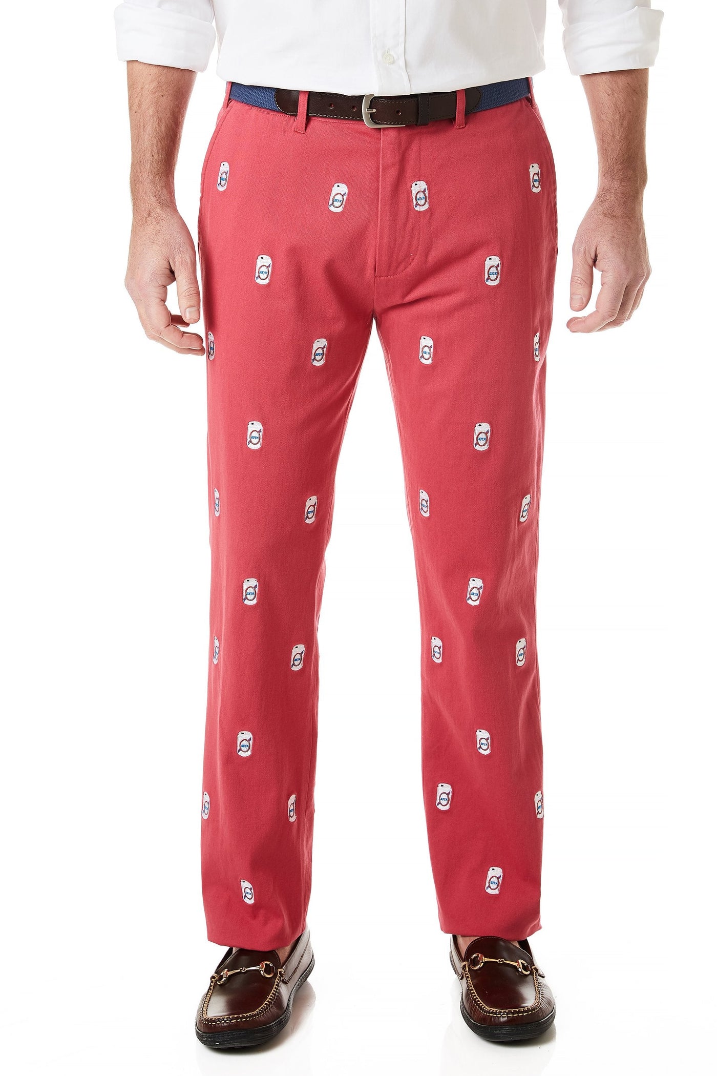 Harbor Pant Stretch Twill Hurricane Red with Beer Cans - Castaway Nantucket Island