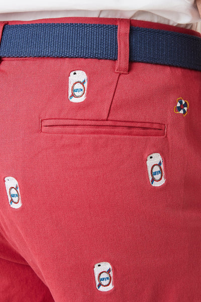 Harbor Pant Stretch Twill Hurricane Red with Beer Cans - Castaway Nantucket Island