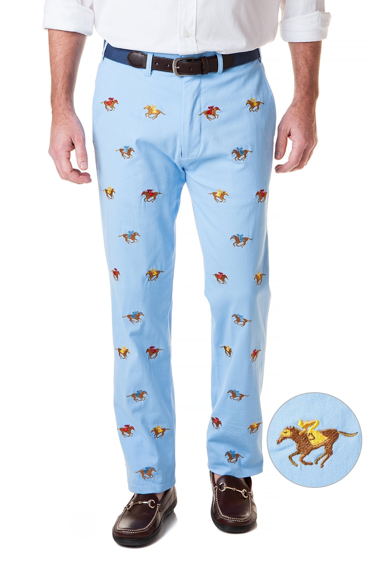 Castaway Mens Embroidered Twill Pants with Racing Horses - Derby
