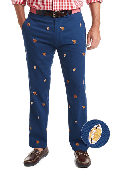 Harbor Pant Stretch Twill Nantucket Navy with Turkey & Football MENS EMBROIDERED PANTS Castaway Nantucket Island