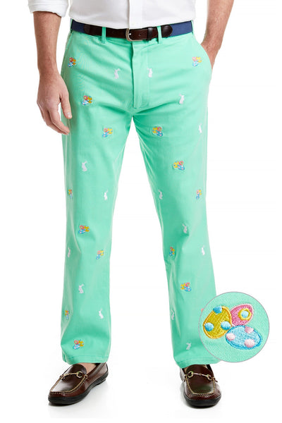 Harbor Pant Stretch Twill Spring Green with Easter Eggs & Bunny MENS EMBROIDERED PANTS Castaway Nantucket Island
