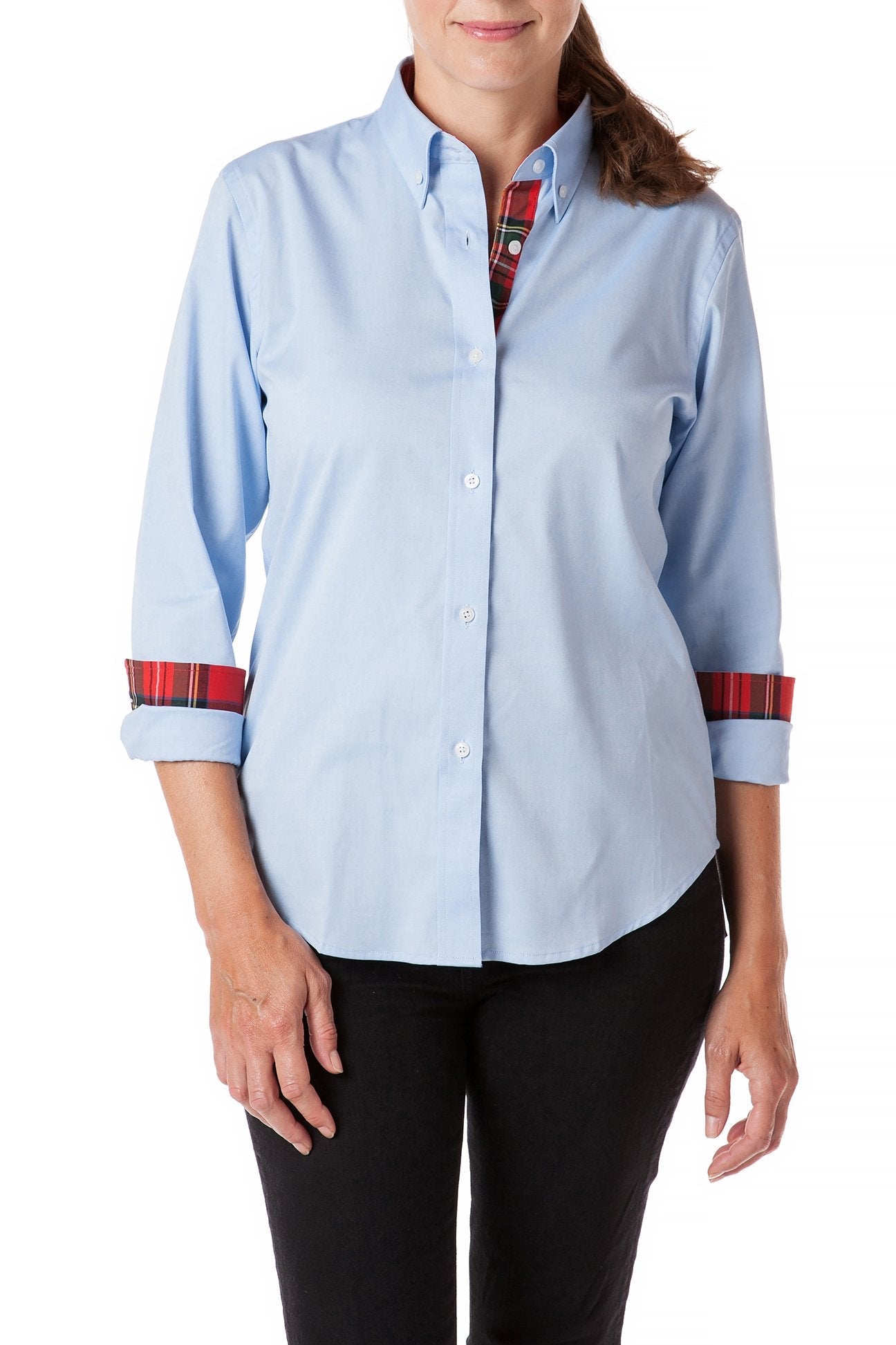 Castaway Women's Blue Oxford Button Down Shirt Royal Stewart Tartan Trim Holiday Preppy Castaway Women's Blue Oxford Button Down Shirt Royal Stewart Tartan Trim Holiday Preppy