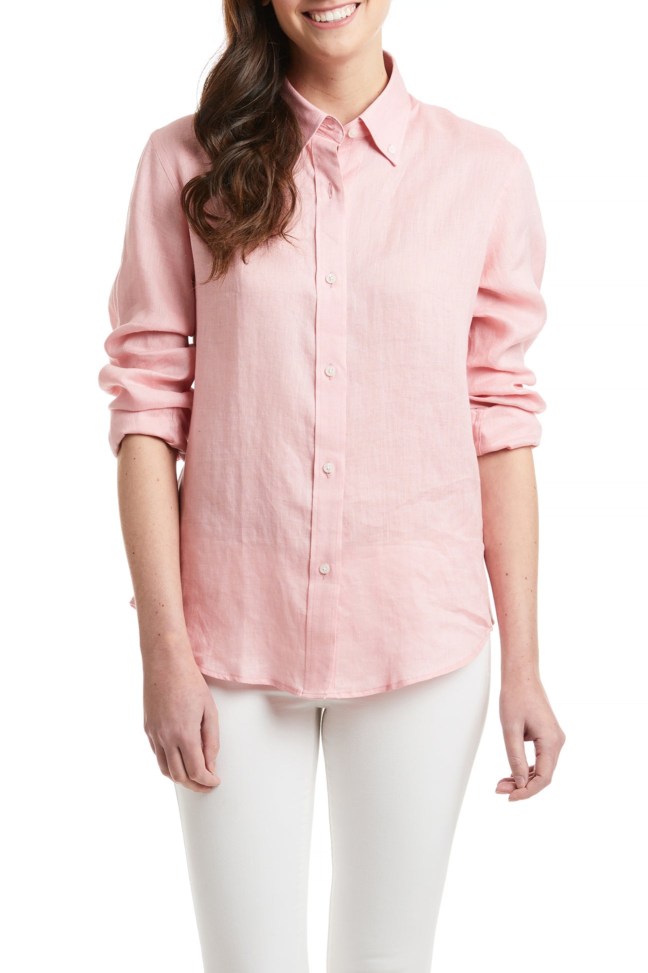 Ladies Button Down Shirt Pink Linen