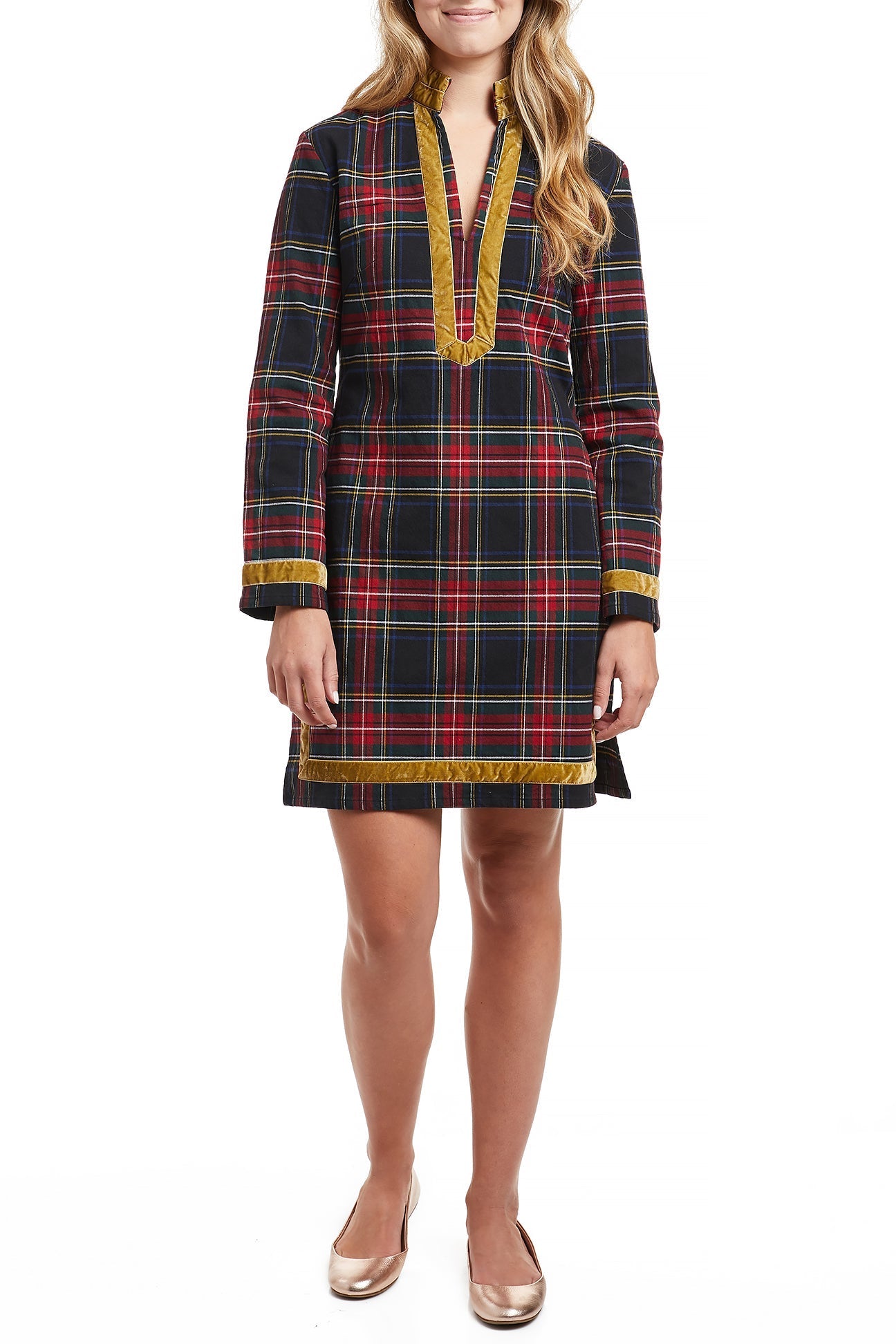 Ladies Tunic Christmas Holiday Dress Black Stewart with Gold Velvet Trim Castaway Nantucket Island Ladies Tunic Christmas Holiday Dress Black Stewart with Gold Velvet Trim Castaway Nantucket Island