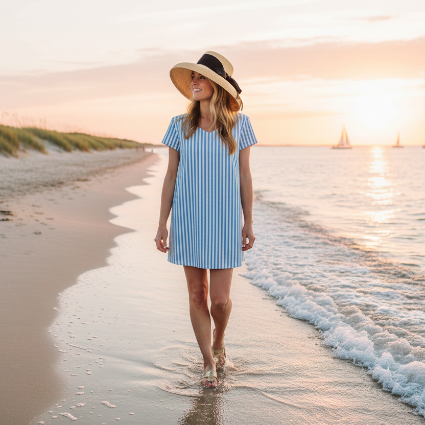 Ladies Oceanique Dress Linen Cabana Stripe Blue M / Blue