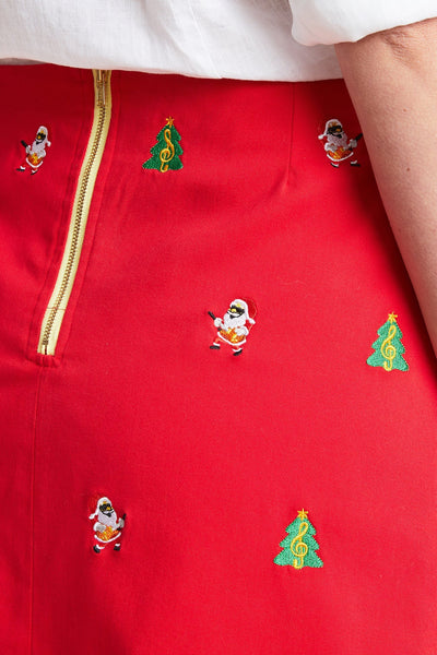 Ali Skirt Bright Red with Rockin Around the Christmas Tree LADIES SKIRTS Castaway Nantucket Island