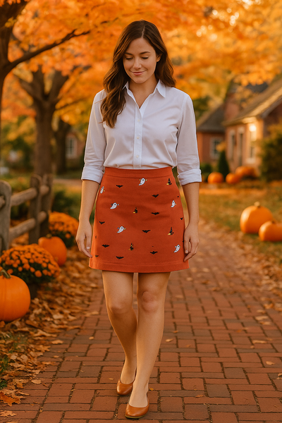 Ali Skirt Corduroy Nantucket Red with Ghost Bat & Witch 19" LADIES SKIRTS Castaway Nantucket Island