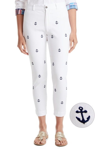 Ankle Capri Stretch Twill White with Anchor LADIES PANT Castaway Nantucket Island