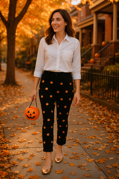 Beachcomber Corduroy Ankle Capri Black with Jack O'Lantern LADIES PANTS Castaway Nantucket Island