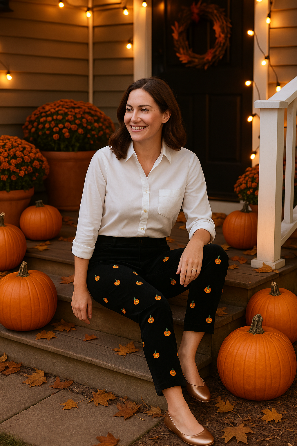 Beachcomber Corduroy Ankle Capri Black with Jack O'Lantern LADIES PANTS Castaway Nantucket Island