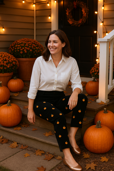 Beachcomber Corduroy Ankle Capri Black with Jack O'Lantern LADIES PANTS Castaway Nantucket Island
