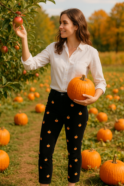 Beachcomber Corduroy Ankle Capri Black with Jack O'Lantern LADIES PANTS Castaway Nantucket Island