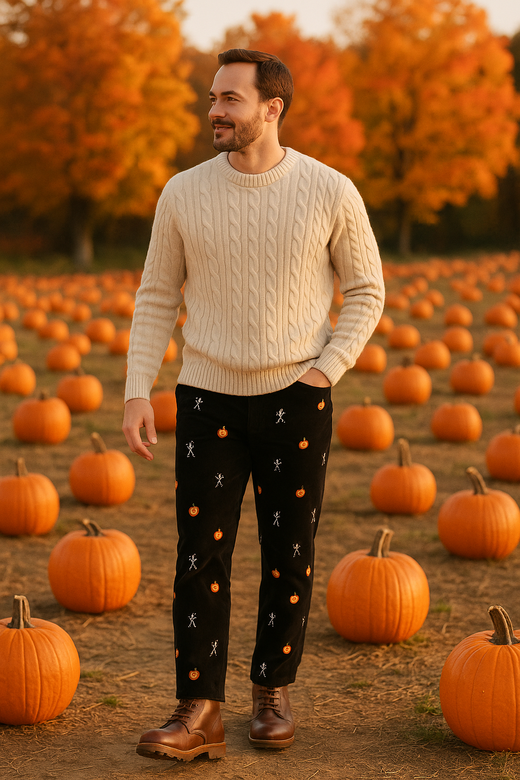 Beachcomber Corduroy Pant Black with Skeleton and JackOLantern MENS EMBROIDERED PANTS Castaway Nantucket Island