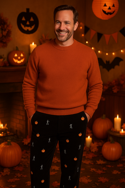 Beachcomber Corduroy Pant Black with Skeleton and JackOLantern MENS EMBROIDERED PANTS Castaway Nantucket Island