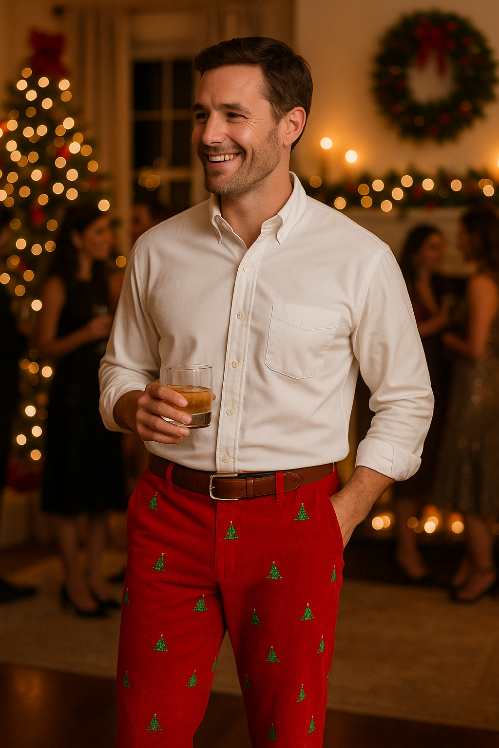 Beachcomber Corduroy Pant Crimson with Christmas Tree MENS EMBROIDERED PANTS Castaway Nantucket Island
