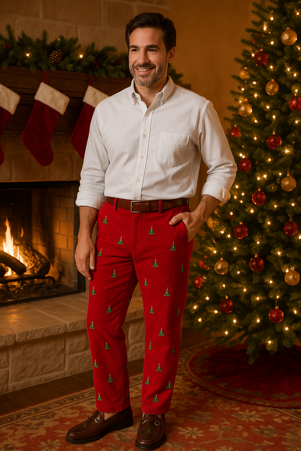 Beachcomber Corduroy Pant Crimson with Christmas Tree MENS EMBROIDERED PANTS Castaway Nantucket Island
