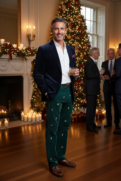 Beachcomber Corduroy Pant Hunter with Nutcracker & Present MENS EMBROIDERED PANTS Castaway Nantucket Island