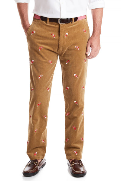 Beachcomber Corduroy Pant Khaki with Candy Cane MENS EMBROIDERED PANTS Castaway Nantucket Island