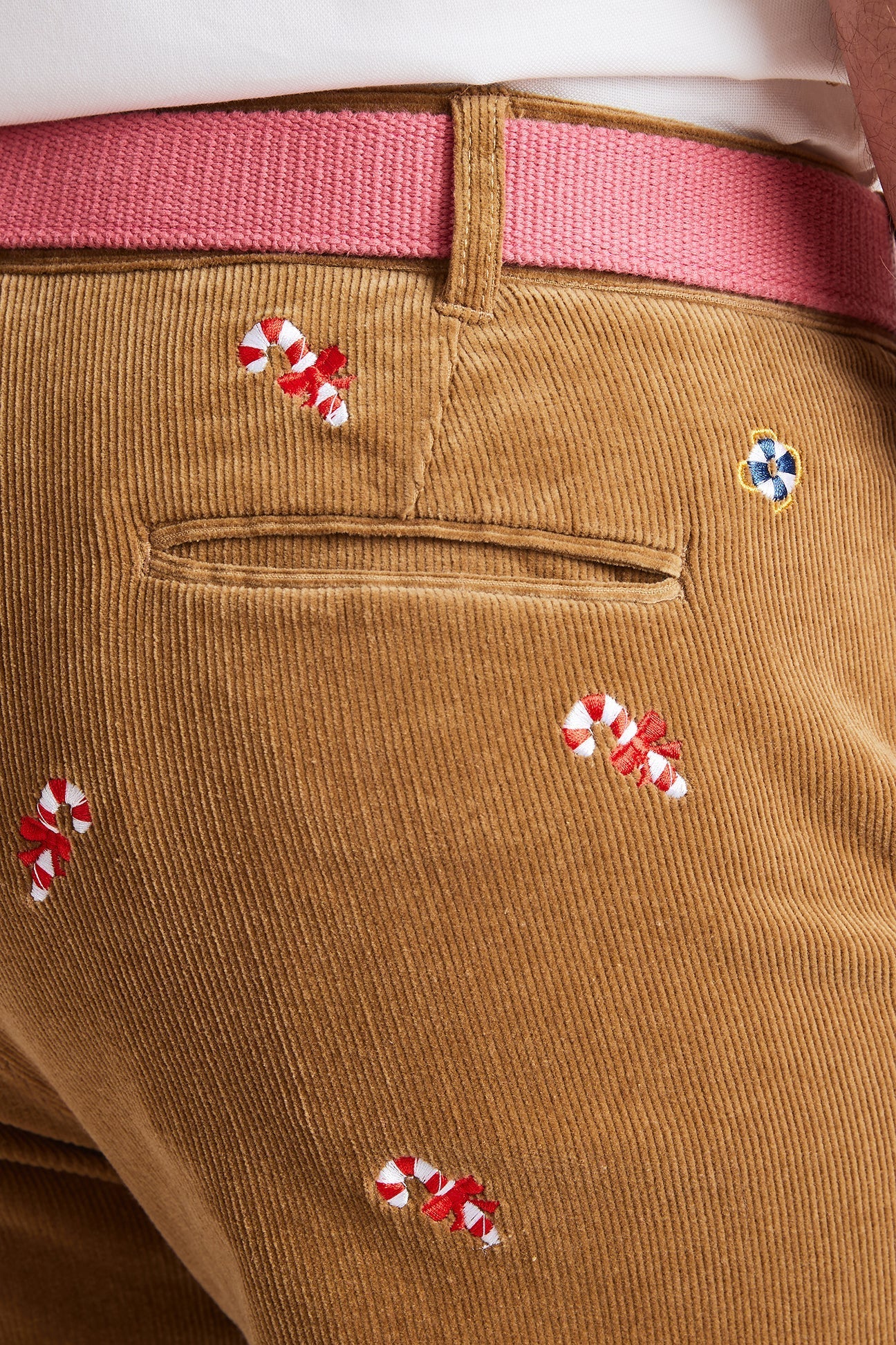 Beachcomber Corduroy Pant Khaki with Candy Cane MENS EMBROIDERED PANTS Castaway Nantucket Island