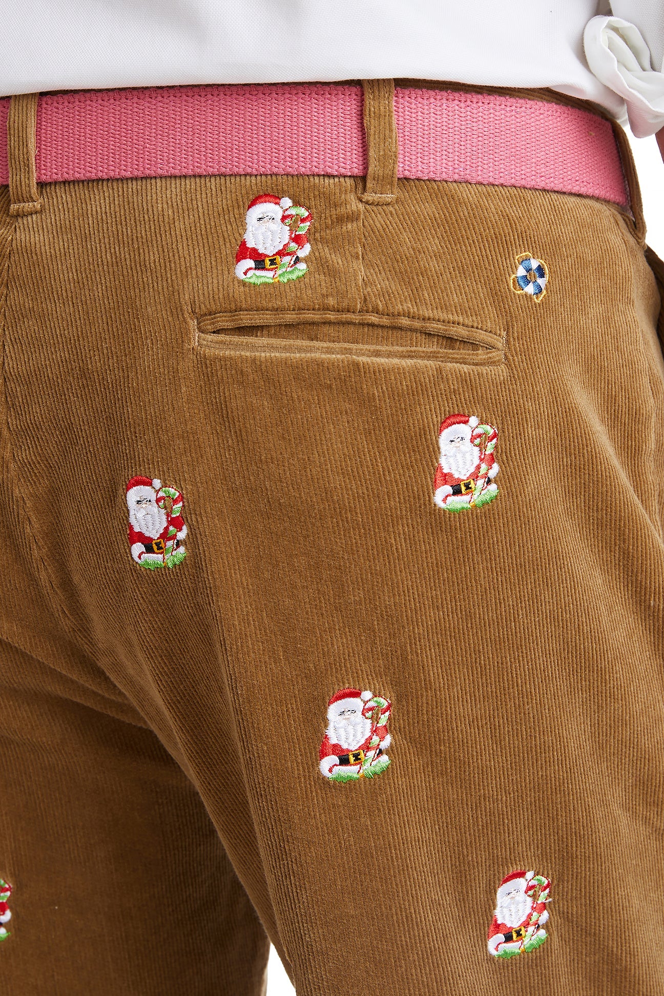 Beachcomber Corduroy Pant Khaki with Santa Candy Cane MENS EMBROIDERED PANTS Castaway Nantucket Island