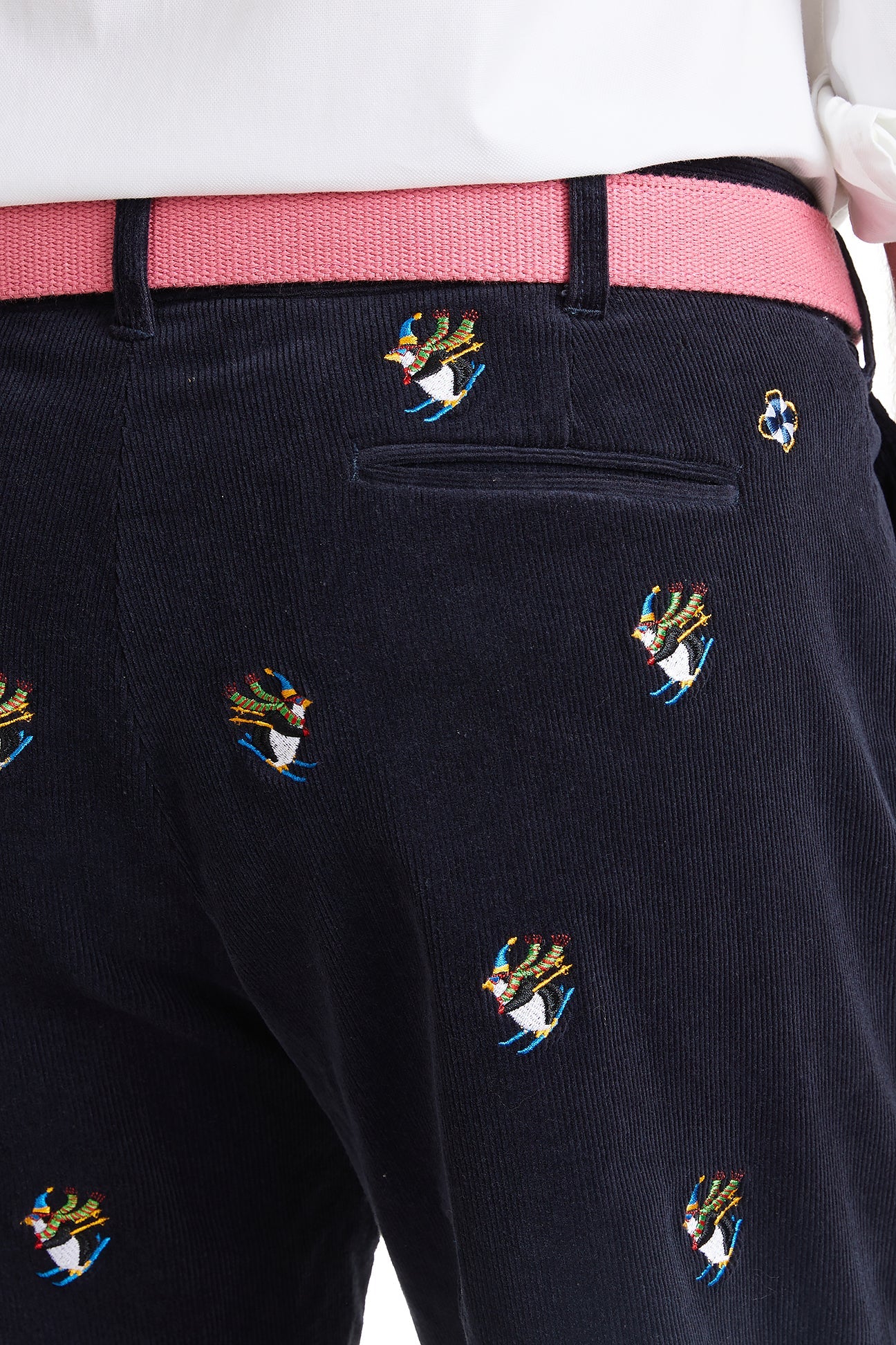 Beachcomber Corduroy Pant Nantucket Navy with Downhill Penguin MENS EMBROIDERED PANTS Castaway Nantucket Island