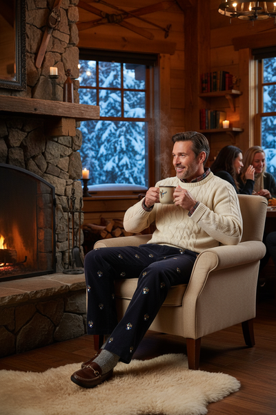 Beachcomber Corduroy Pant Nantucket Navy with Downhill Penguin MENS EMBROIDERED PANTS Castaway Nantucket Island