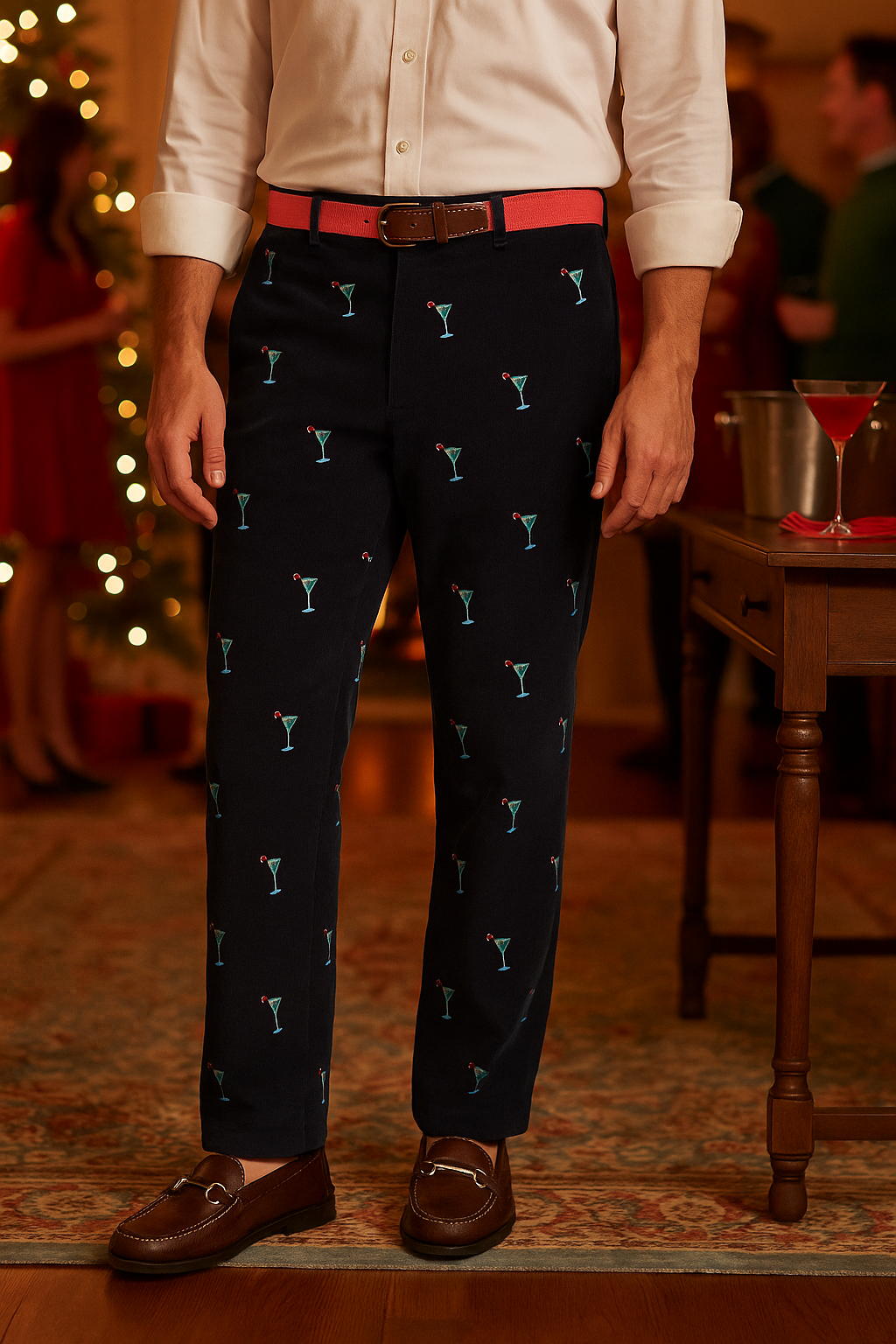 Beachcomber Corduroy Pant Nantucket Navy with Martini Candy Cane MENS EMBROIDERED PANTS Castaway Nantucket Island