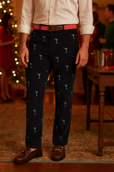 Beachcomber Corduroy Pant Nantucket Navy with Martini Candy Cane MENS EMBROIDERED PANTS Castaway Nantucket Island