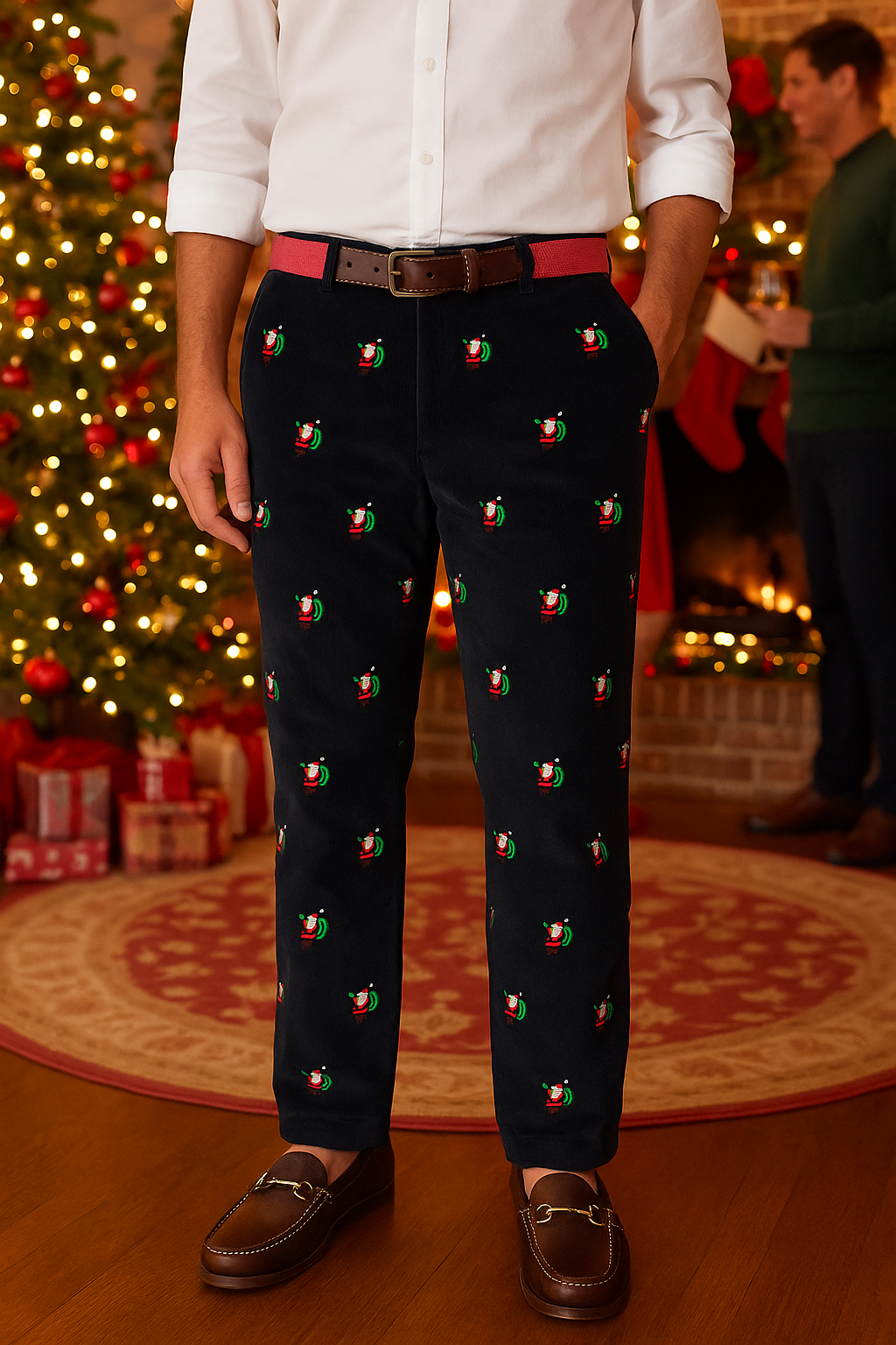 Beachcomber Corduroy Pant Nantucket Navy with Santa MENS EMBROIDERED PANTS Castaway Nantucket Island
