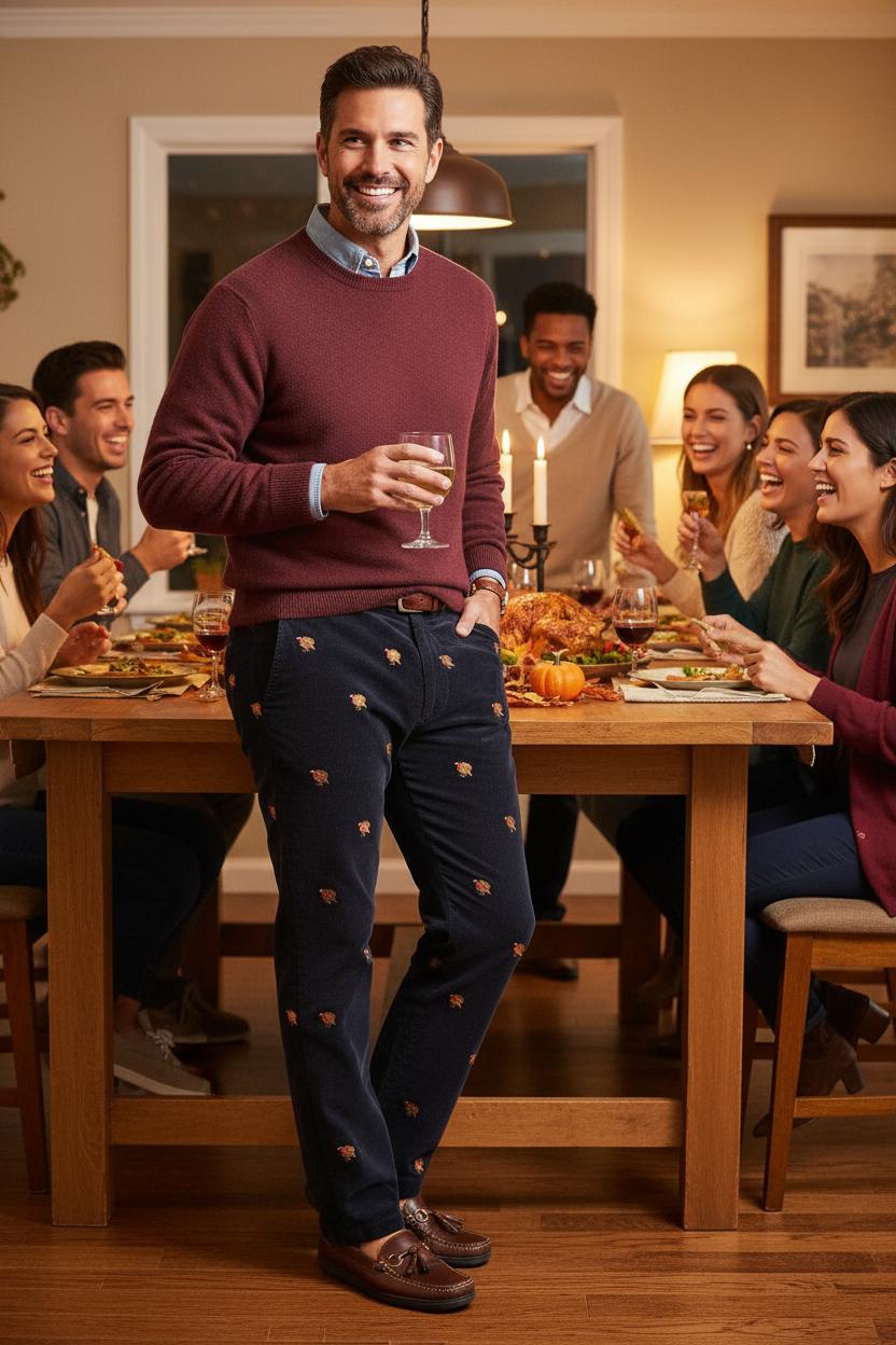 Beachcomber Corduroy Pant Nantucket Navy with Turkey MENS EMBROIDERED PANTS Castaway Nantucket Island