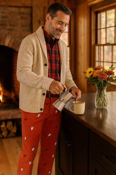 Beachcomber Corduroy Pant Nantucket Red with Ghost & Bat MENS EMBROIDERED PANTS Castaway Nantucket Island
