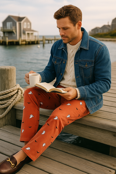 Beachcomber Corduroy Pant Nantucket Red with Ghost & Bat MENS EMBROIDERED PANTS Castaway Nantucket Island