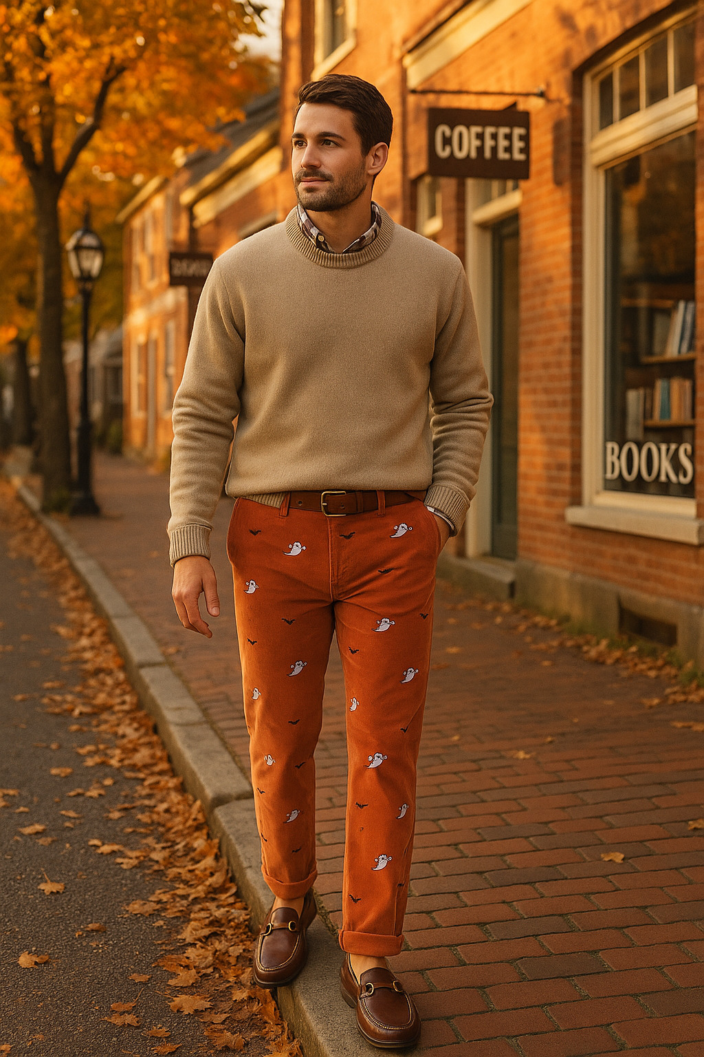 Beachcomber Corduroy Pant Nantucket Red with Ghost & Bat MENS EMBROIDERED PANTS Castaway Nantucket Island
