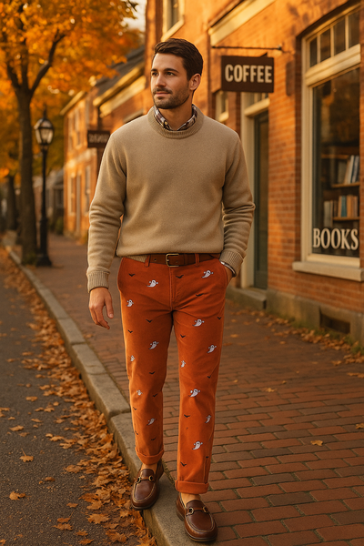 Beachcomber Corduroy Pant Nantucket Red with Ghost & Bat MENS EMBROIDERED PANTS Castaway Nantucket Island