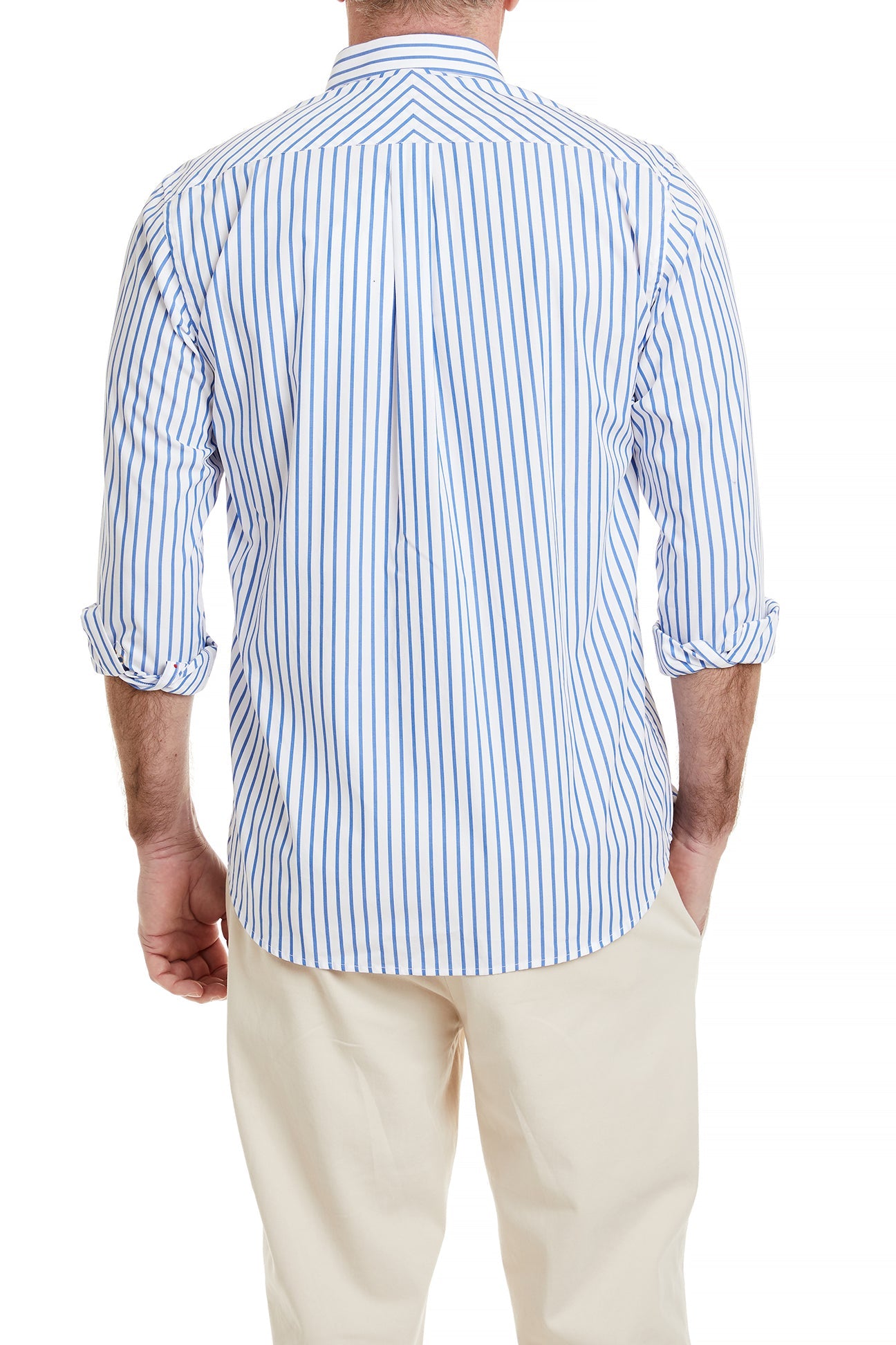 white dress shirt with blue stripes Men's Blue Stripe Oxford Shirt – Patriotic Grosgrain Trim, Classic Fit Button-Down – Castaway Chase