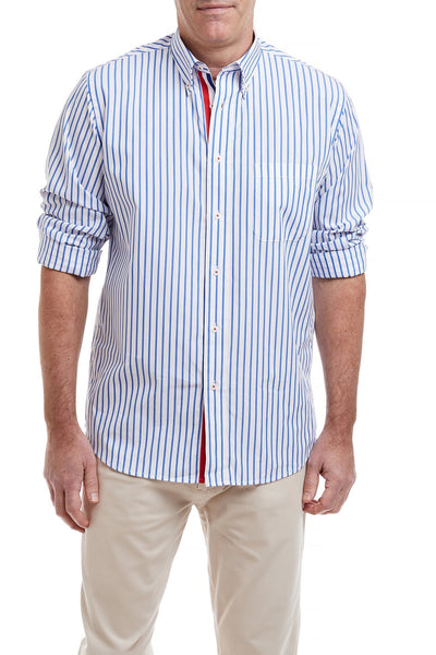 Chase Shirt Blue Stripe with Red White and Royal Blue Grosgrain MENS SPORT SHIRTS Castaway Nantucket Island