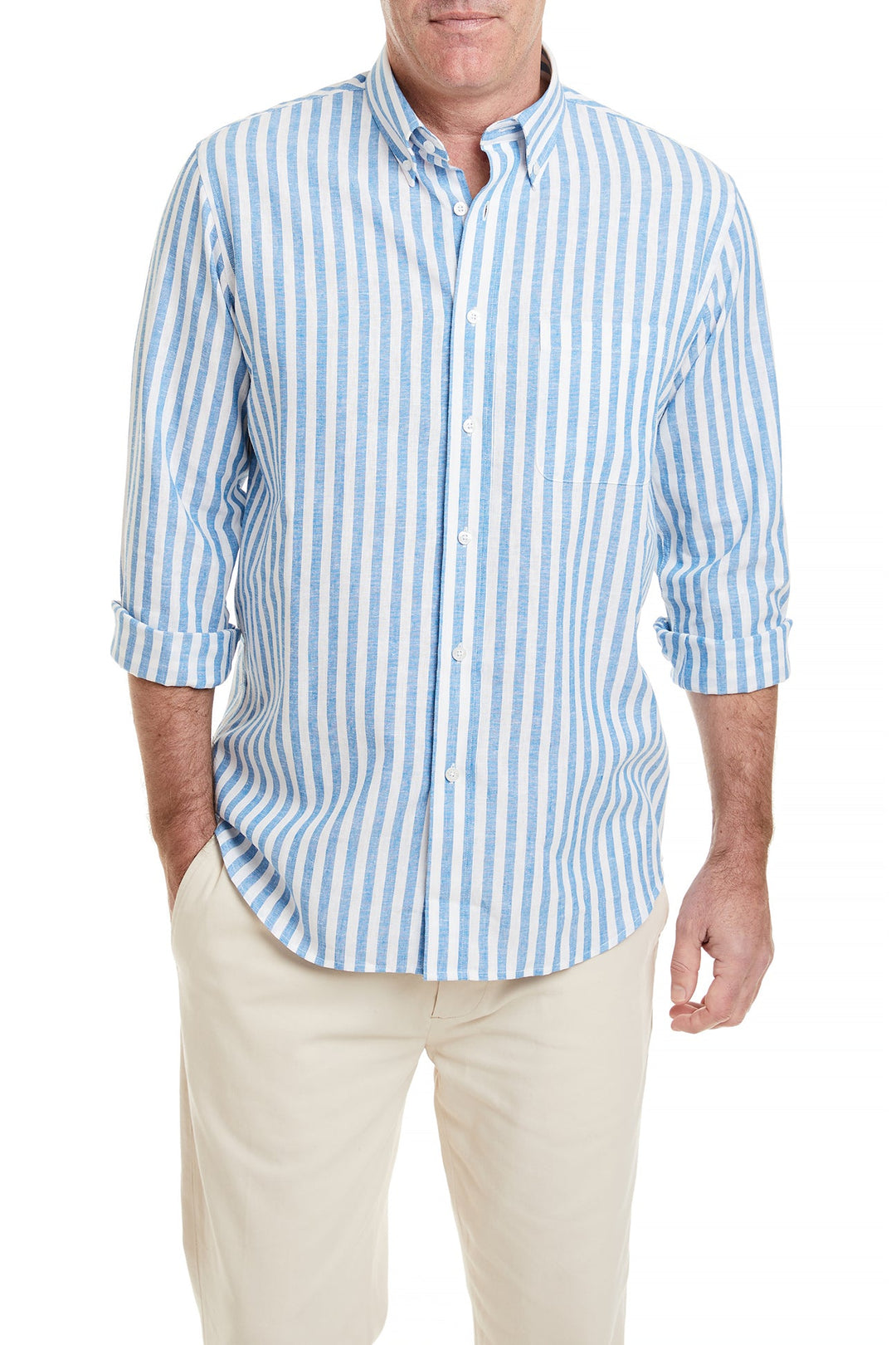Linen Shirt, Blue Cabana Stripe | Castaway – Castaway Nantucket Island
