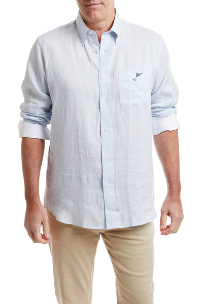 Chase Shirt Powder Blue Linen with Single Martini MENS SPORT SHIRTS Castaway Nantucket Island